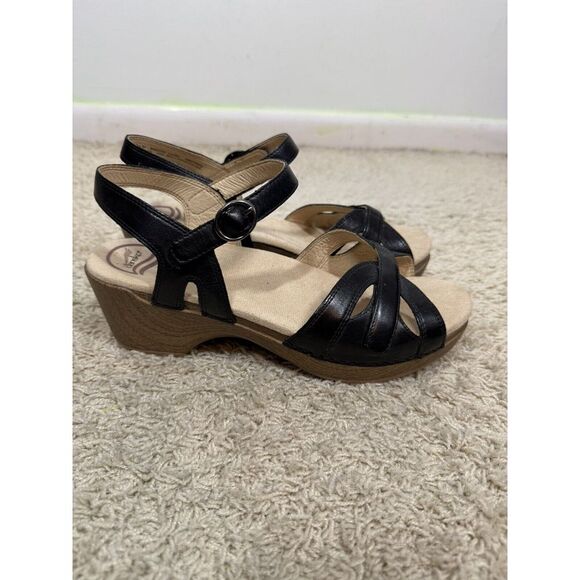 Dansko Season Black Leather Wood Grain Ankle Strap Open Sandals Size EU 40 US 10 - Picture 4 of 13